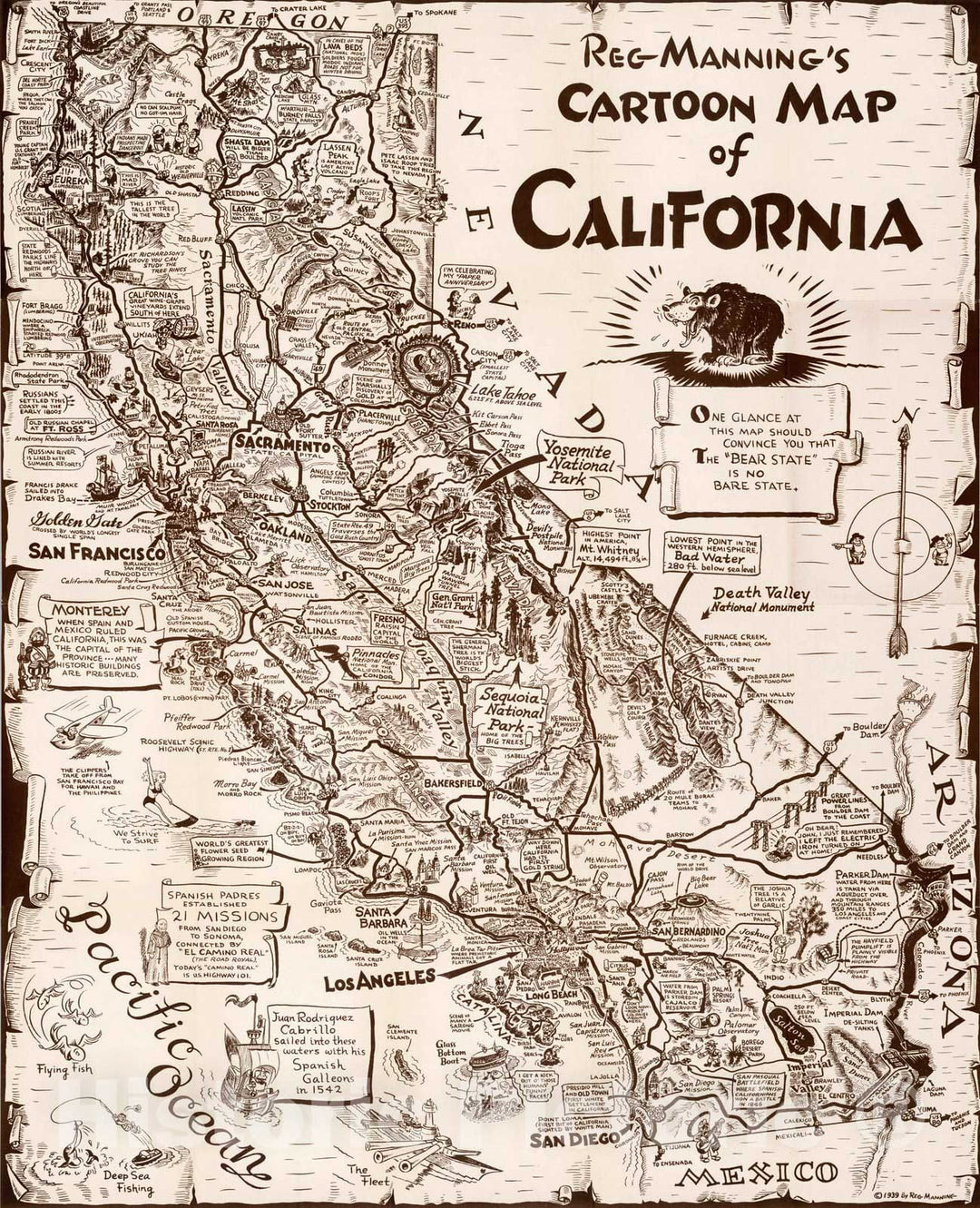 Historic Map - Separate Map: Reg Manning's Cartoon Map of California, 1939 - Vintage Wall Art