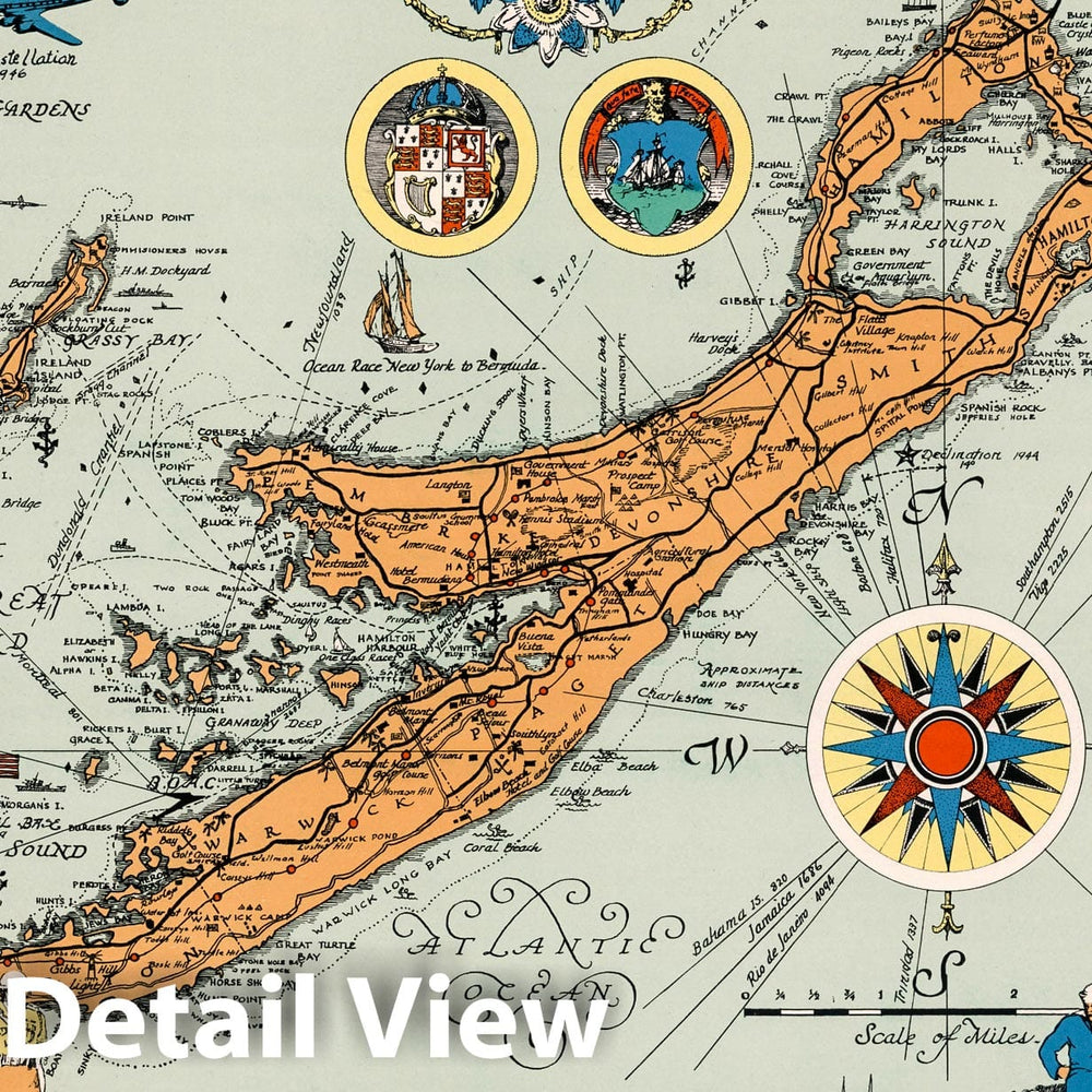 Historic Map : Map of the Burmudas or Somers Islands, 1947 - Vintage Wall Art
