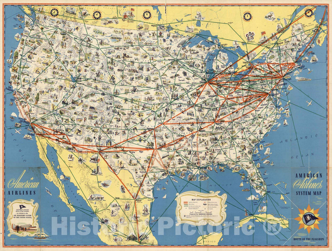 Historic Map : American Airlines System Map. Route of the Flagships, 1955 - Vintage Wall Art