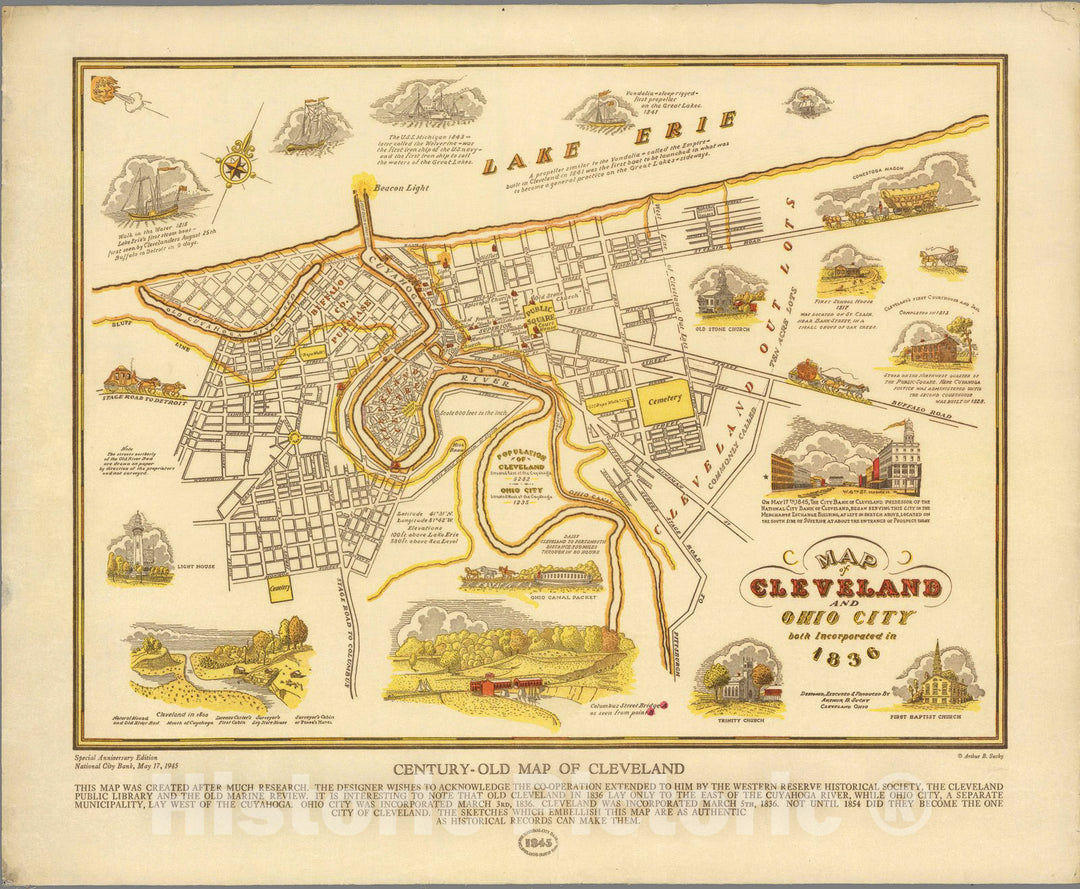 Historic Map : Map of Cleveland and Ohio City, both Incorporated in 1836. Century-Old Map of Cleveland, 1945 - Vintage Wall Art