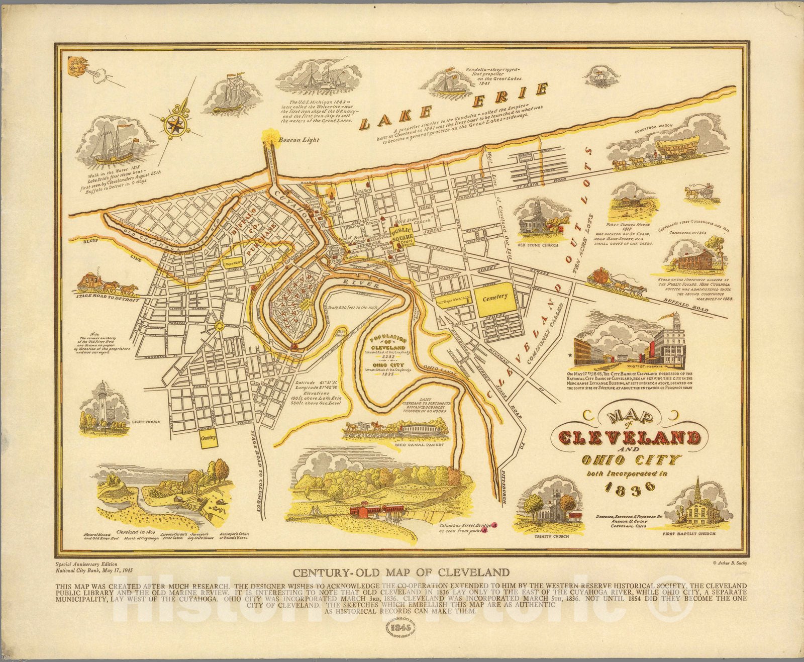Historic Map : Map of Cleveland and Ohio City, both Incorporated in 1836. Century-Old Map of Cleveland, 1945 - Vintage Wall Art