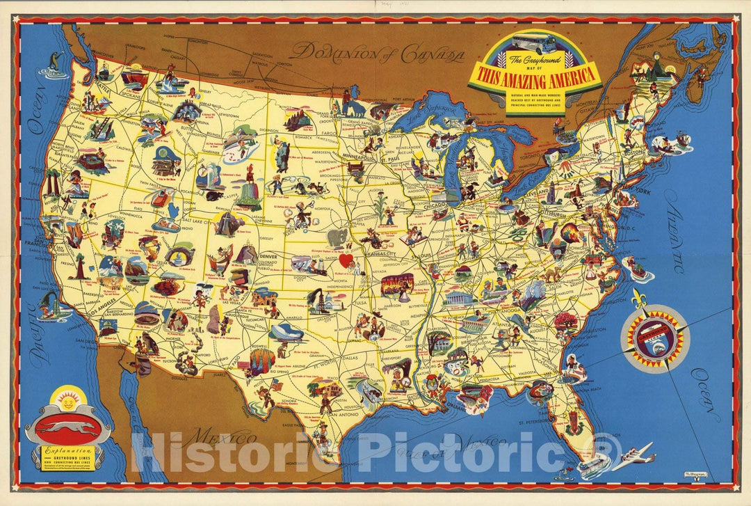 Historic Map : Greyhound Bus Lines Map of This Amazing America. Natural and Man-Made Wonders, 1941 - Vintage Wall Art