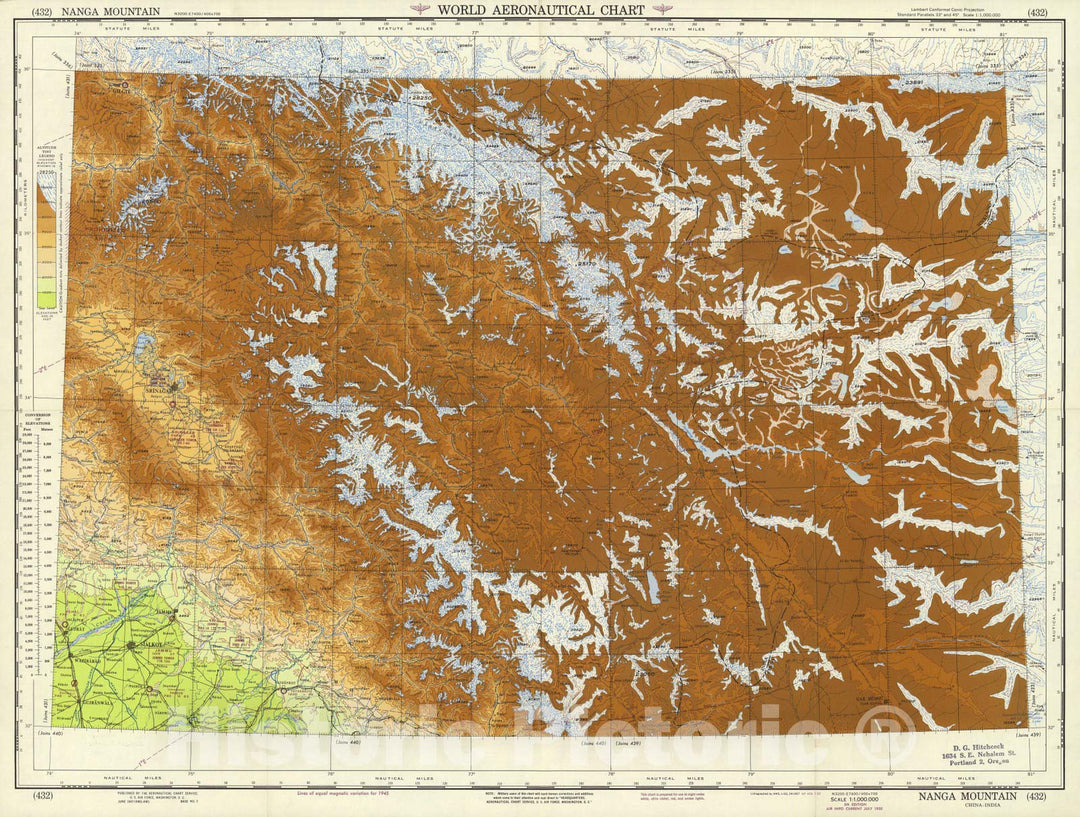 Historic Map : World Aeronautical Chart. Nanga Mountain (432). 1950 - Vintage Wall Art