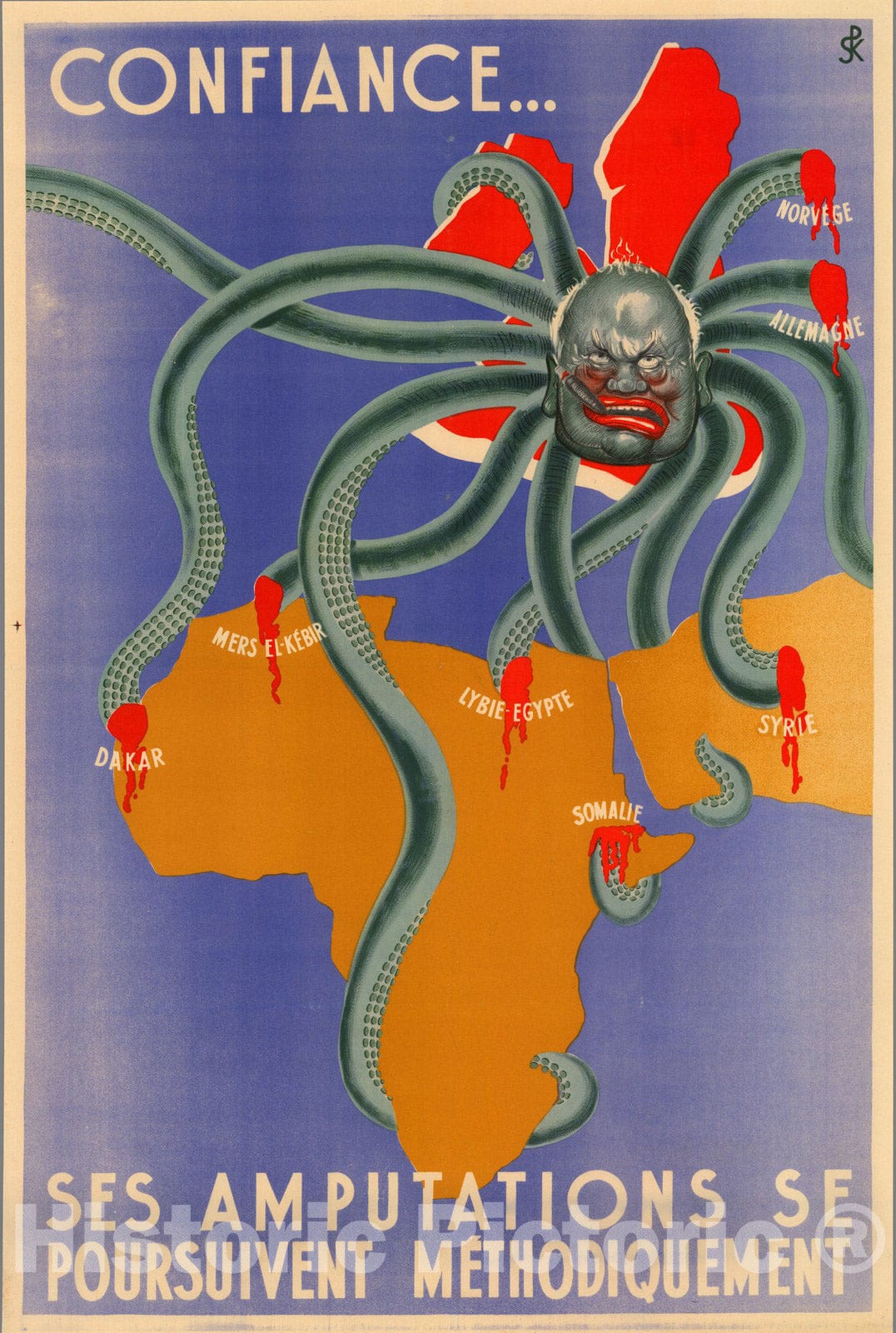 Historic Map : Confiance ses Amputations se Poursuivent Methodiquement (Be reassured, the amputations (of his tentacles) are proceeding methodically.) 1942