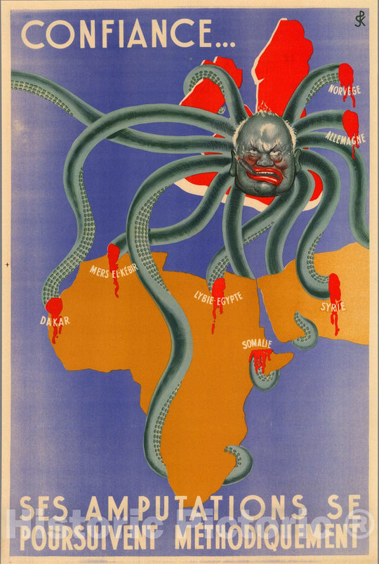 Historic Map : Confiance ses Amputations se Poursuivent Methodiquement (Be reassured, the amputations (of his tentacles) are proceeding methodically.) 1942
