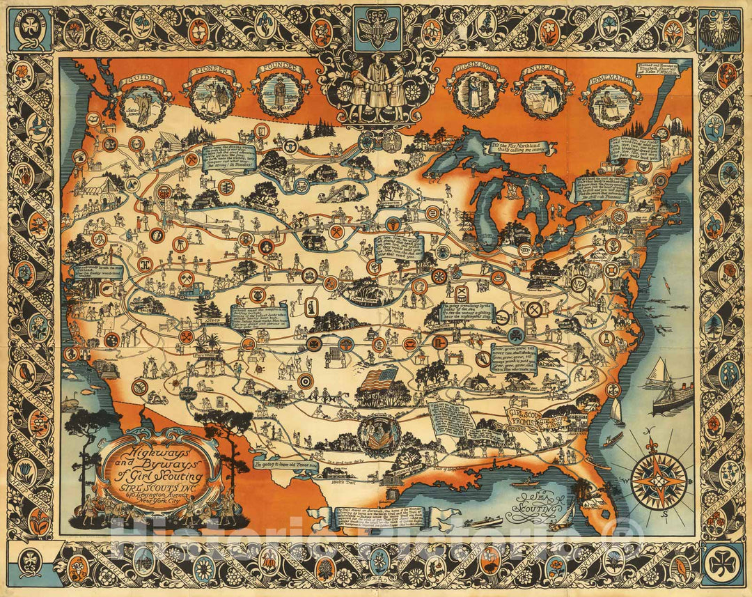 Historic Map : Highways and byways of Girl Scouting. Girl Scouts Inc. 1927 - Vintage Wall Art