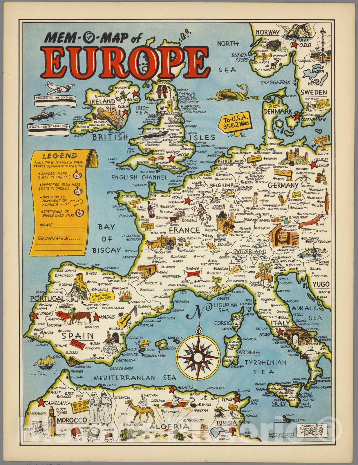 Historic Map : Mem-O-Map of Europe, 1946 - Vintage Wall Art