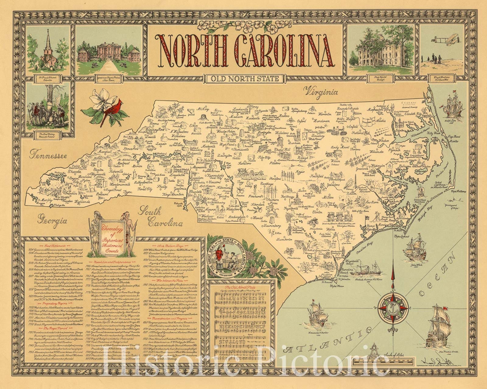 Historic Map : North Carolina : old north state 1953 - Vintage Wall Art