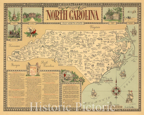 Historic Map : North Carolina : old north state 1953 - Vintage Wall Art