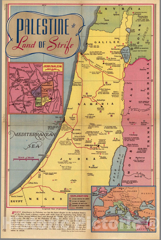 Historic Map : Palestine : Land of strife 1936 - Vintage Wall Art