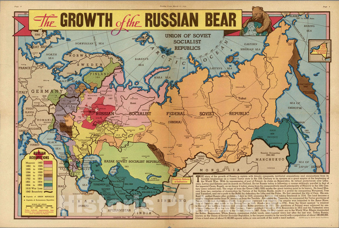 Historic Map : The growth of the Russian Bear 1940 - Vintage Wall Art