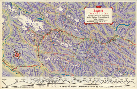 Historic Map : Banff Lake Louise : Columbia Icefield Highway, Yoho Valley Emerald Lake field Golden 1941 - Vintage Wall Art