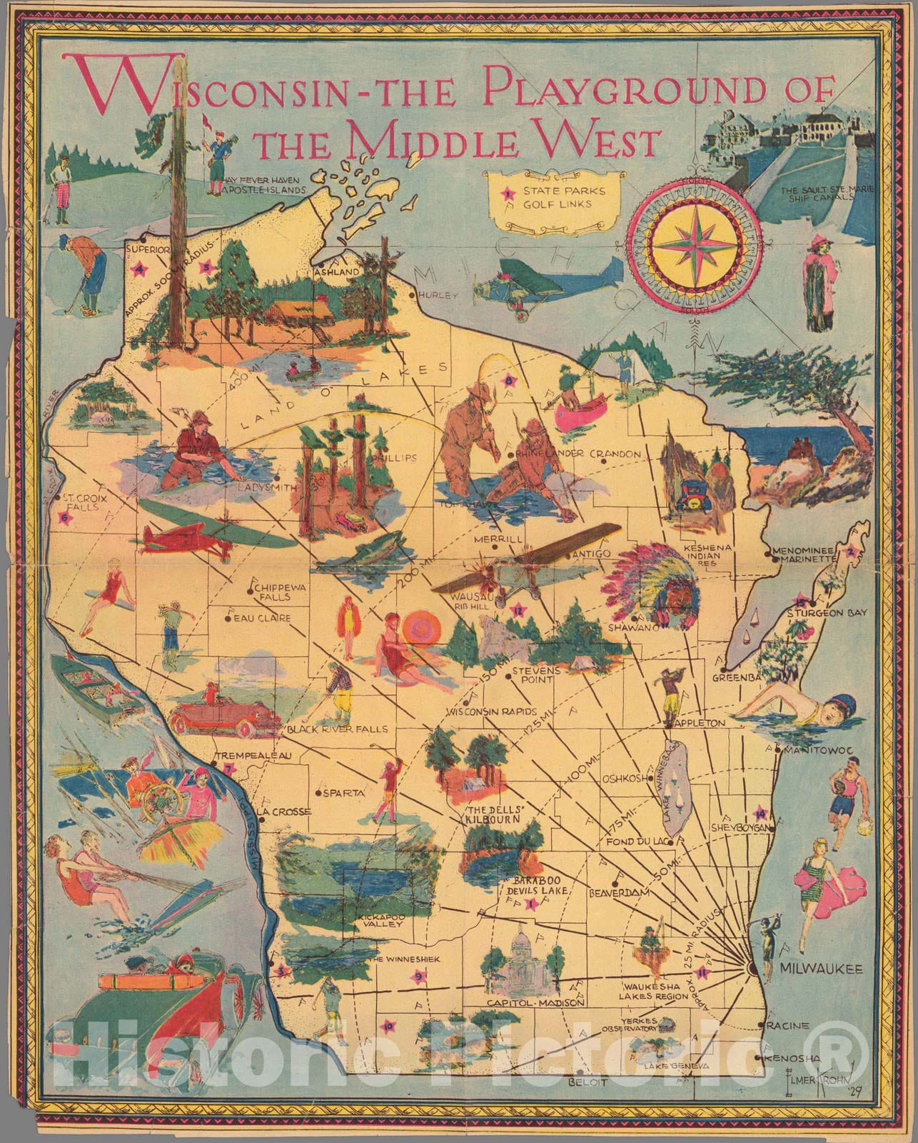 Historic Map - Wisconsin - the playground of the middle west. Elmer Krohn, 1929 - Vintage Wall Art
