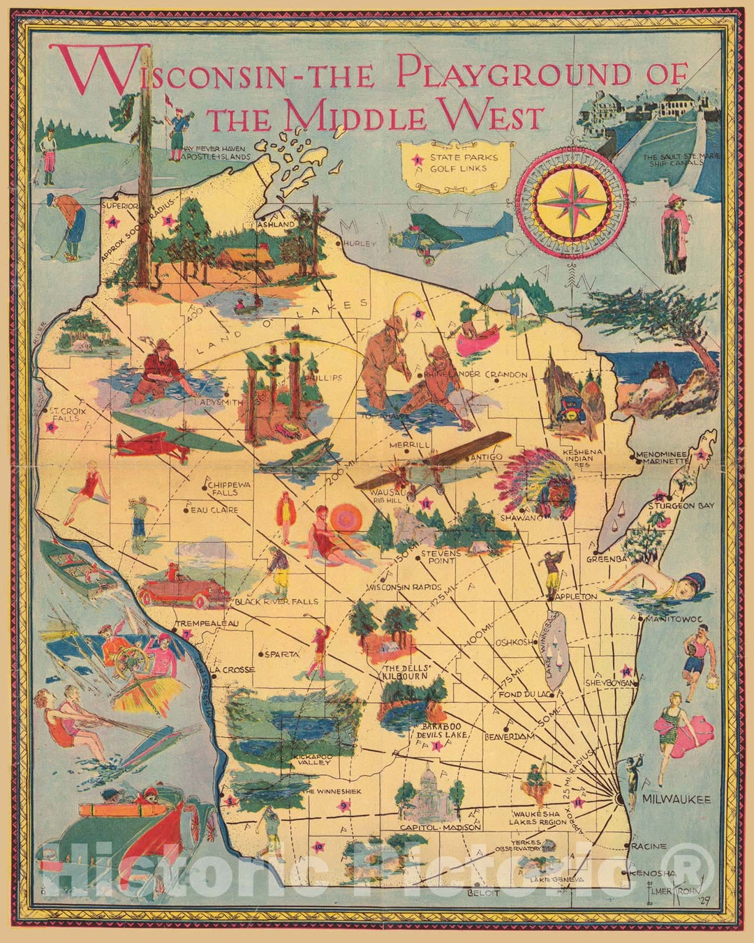 Historic Map - Wisconsin - the playground of the middle west. Elmer Krohn, 29. 1929 - Vintage Wall Art