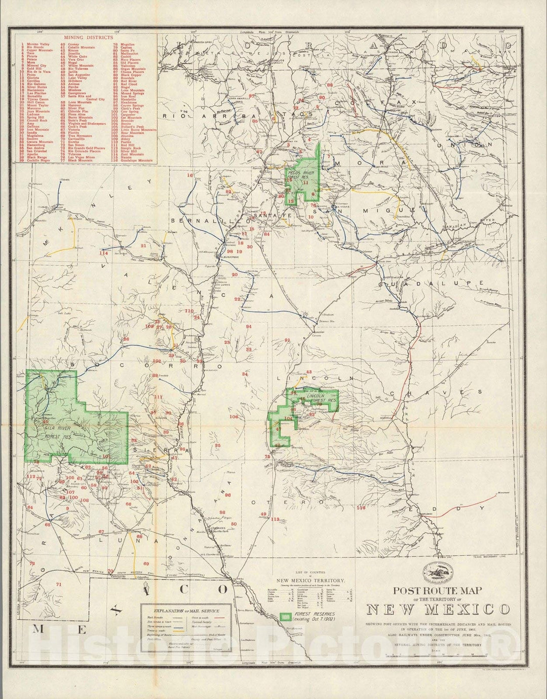 Historic Map : Post route map of the territory of New Mexico, 1902 - Vintage Wall Art