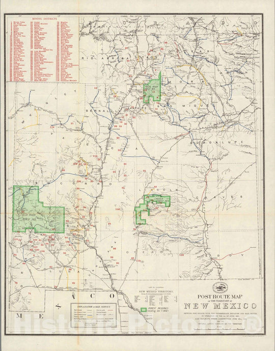 Historic Map : Post route map of the territory of New Mexico, 1902 - Vintage Wall Art