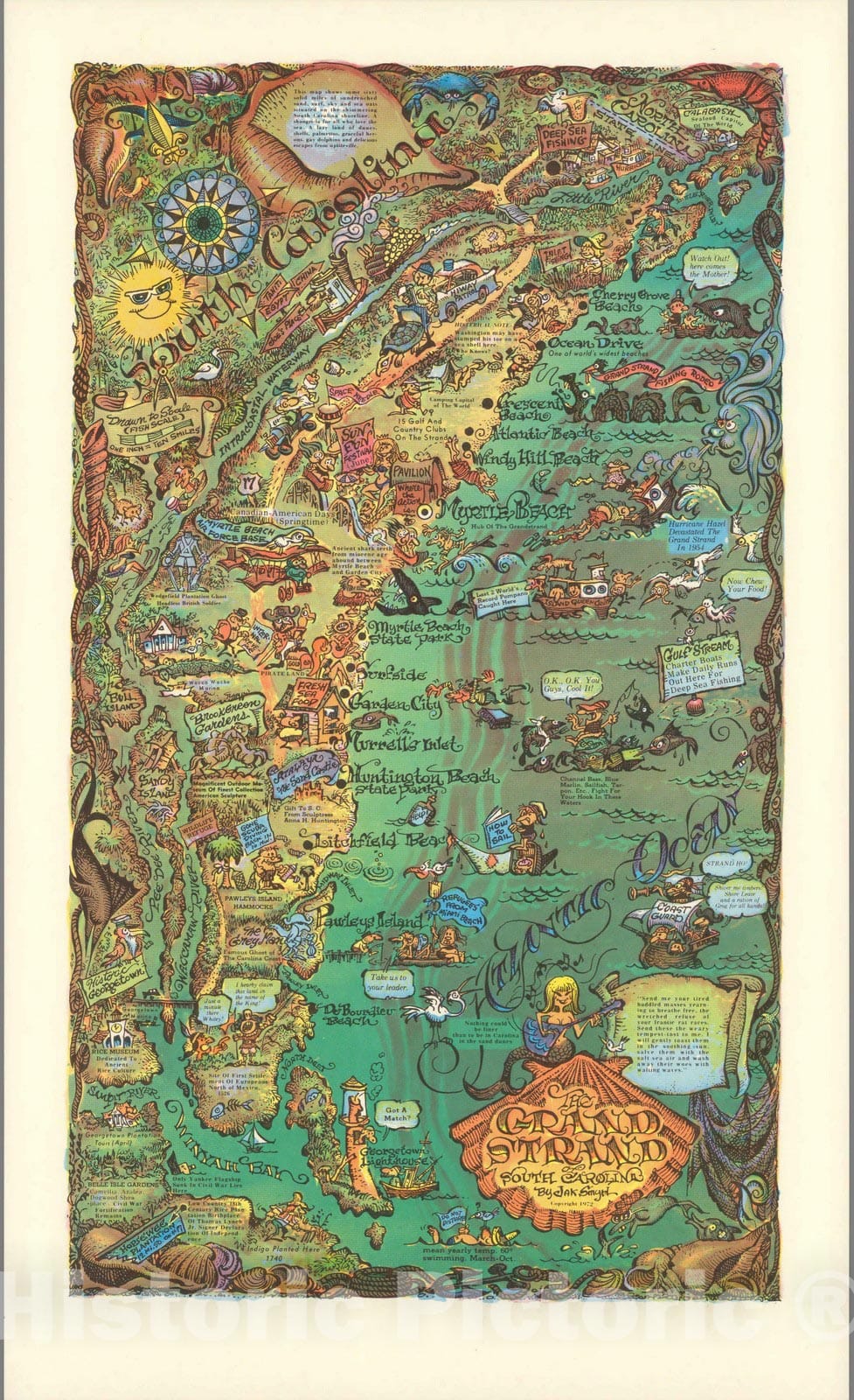 Historic Map - The Grand strand : South Carolina. By Jak Smyrl 1972 - Vintage Wall Art