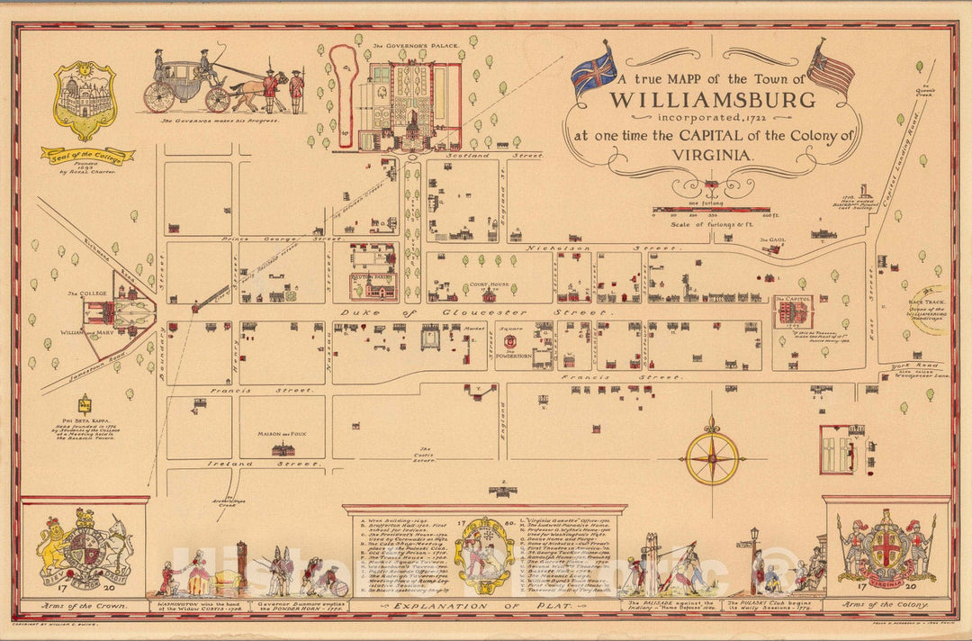 Historic Map : A true map of the town of Williamsburg :Incorporated, 1722 - Vintage Wall Art