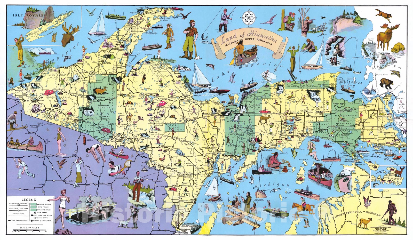 Historic Map - Land of Hiawatha, Michigan's Upper Peninsula 1935 - Vintage Wall Art