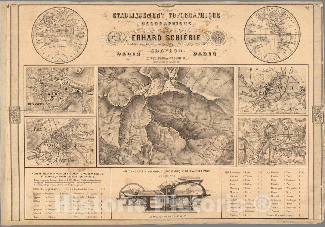 Historic Map : Advertisement, Etablissement Topographique et Geographique Erhard Schieble Graveur 1865 - Vintage Wall Art