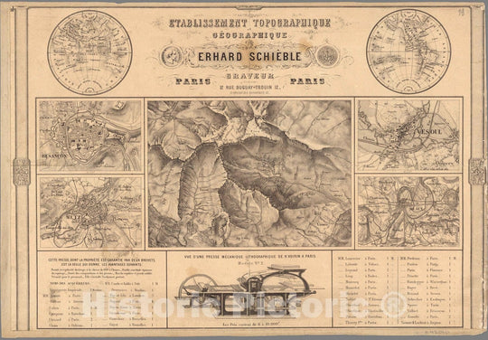 Historic Map : Advertisement, Etablissement Topographique et Geographique Erhard Schieble Graveur 1865 - Vintage Wall Art