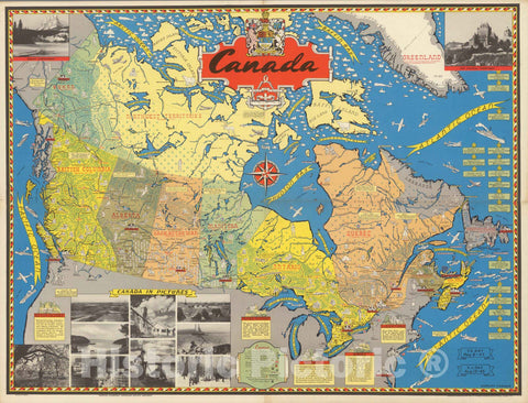 Historic Wall Map : Canada. Stanley Turner. Copyright Canada and U.S.A. 1944. C.C. Petersen Publishing and Advertising Toronto, Ont. Printed in Canada. - Vintage Wall Art