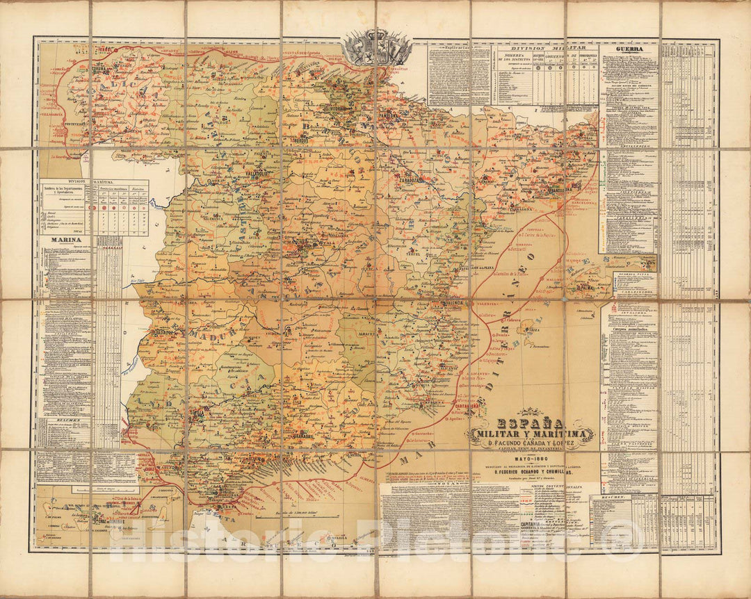 Historic Map : Spain, Case Map, Espana Military y Maritima 1880 , Vintage Wall Art