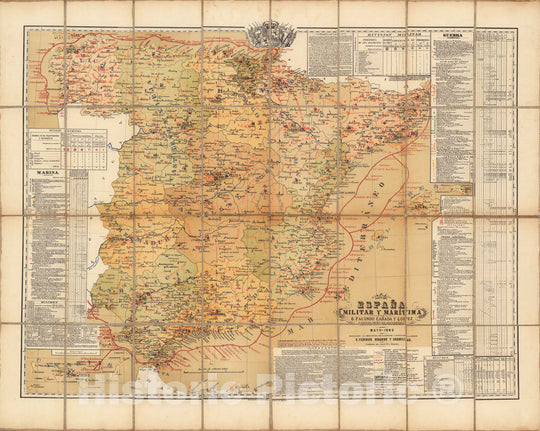 Historic Map : Spain, Case Map, Espana Military y Maritima 1880 , Vintage Wall Art