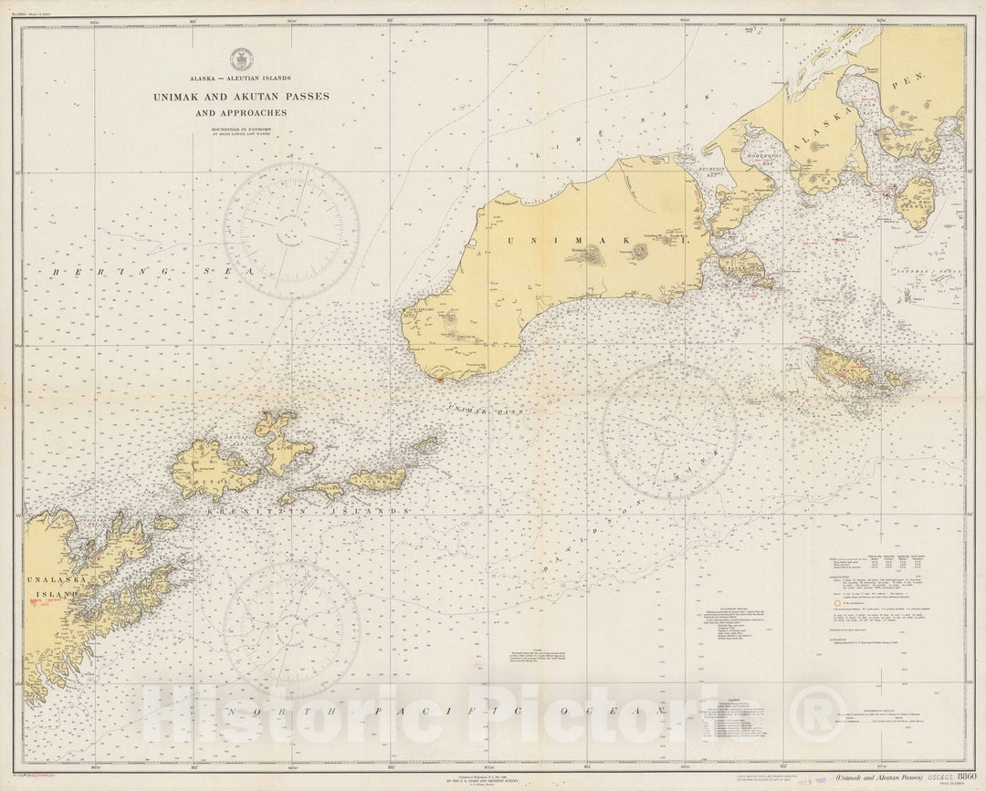 Historic Map : Alaska - Aleutian Islands : Unimak and Akutan Passes and approaches. U.S.C. & G.S. 8860 1942 - Vintage Wall Art