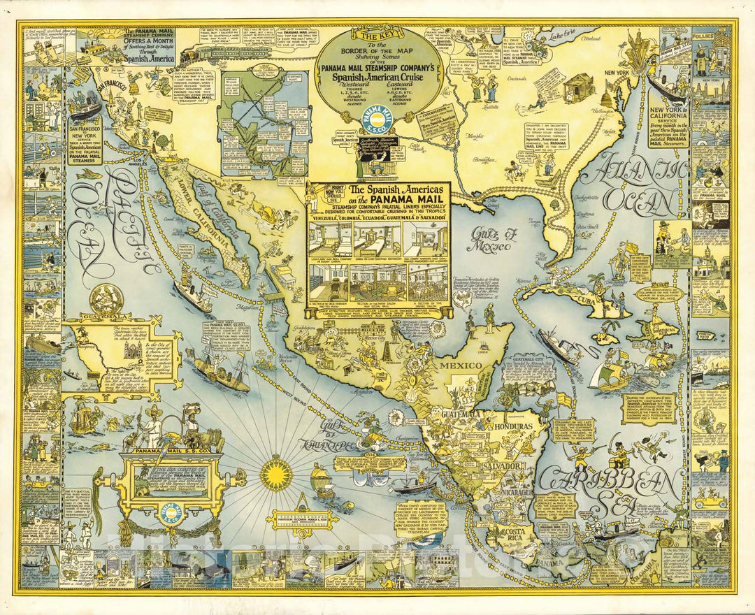 Historic Map : Panama Mail S.S. Co. The Sea Coastes of America 1928 - Vintage Wall Art