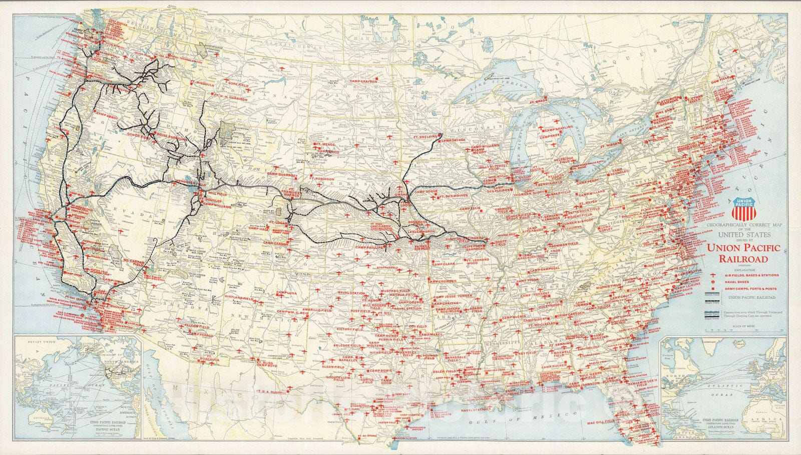 Historic Map : Geographically correct map of the United States, issued by Union Pacific Railroad, 1942 - Vintage Wall Art