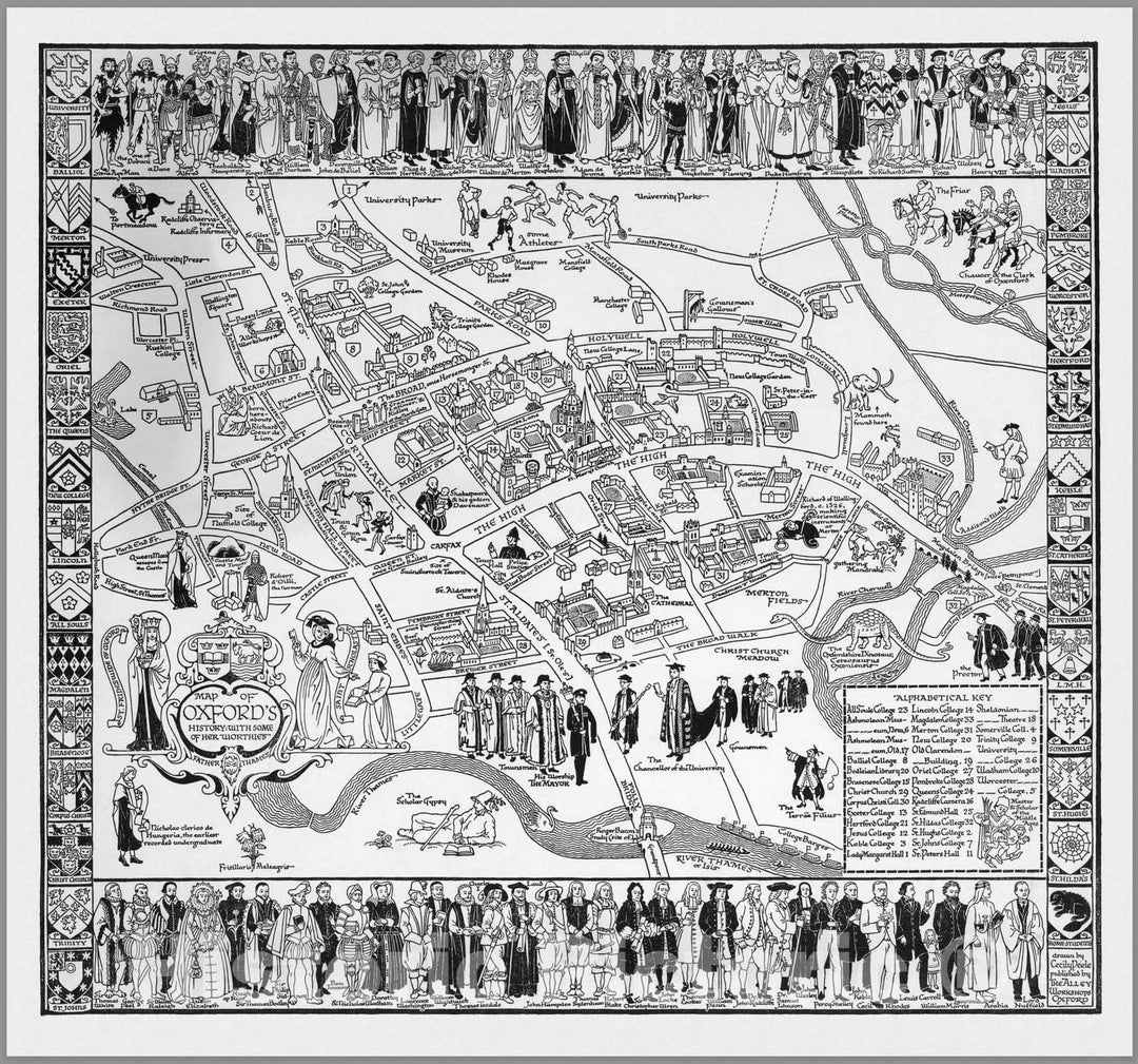 Historic Map : Map of Oxford's History, 1950 - Vintage Wall Art