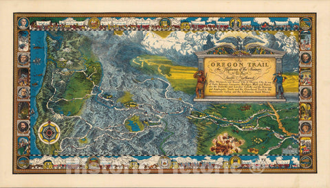 Historic Map - Oregon Trail. Highway of the Pioneers to the Pacific Northwest. 1932 - Vintage Wall Art