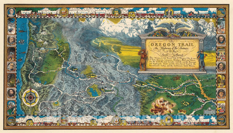 Historic Map - Oregon Trail. Highway of the Pioneers to the Pacific Northwest. 1932 - Vintage Wall Art
