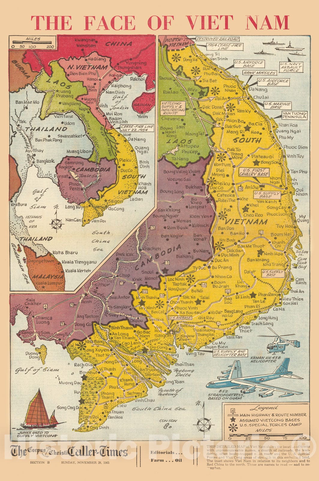 Historic Map - Newspaper Map, Face of Vietnam. 1965 - Vintage Wall Art