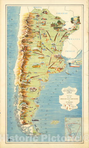 Historic Map : Argentina, Republica Argentina. Esquema de los Principales Servicios de Tourismo. 1966 , Vintage Wall Art