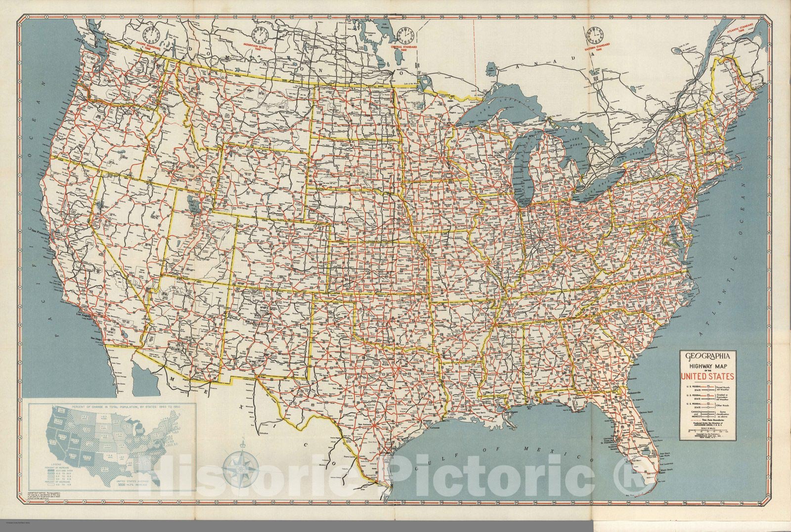 Historic Map : Geographia highway map of the United States, 1950 - Vintage Wall Art