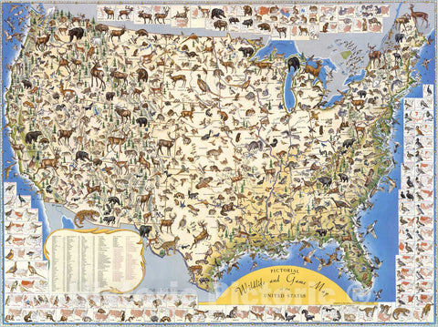 Historic Map - Pictorial wildlife and game map of the United States, 1956, - Vintage Wall Art