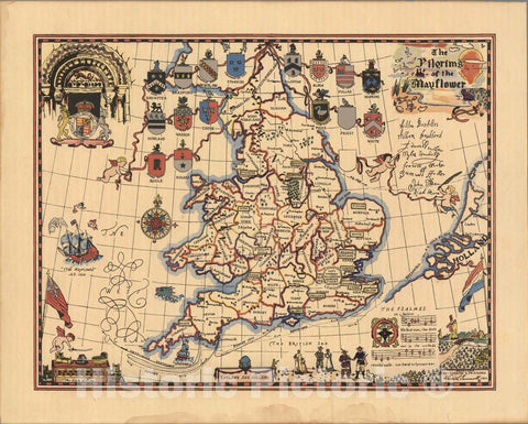 Historic Map - Pilgrims of the Mayflower. England and Holland. 1936, Historic Map - Vintage Wall Art