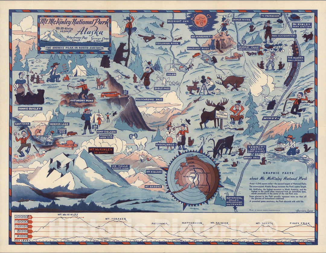 Historic Map : A Friendly Map of Mt. McKinley National Park. Alaska's Crowning Glory. 1937 - Vintage Wall Art