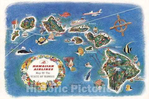 Historic Wall Map : Hawaiian Airlines Map of the State of Hawaii, 1963 - Vintage Wall Art