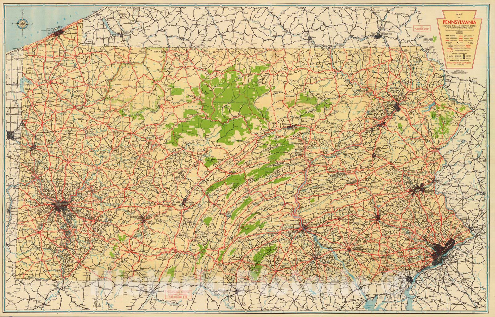 Historic Map : Map of Pennsylvania Showing the State Highway System and Main Connecting Roads, 1940 - Vintage Wall Art
