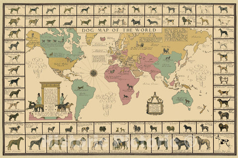 Historic Map - Dog Map of the World, 1933, - Vintage Wall Art