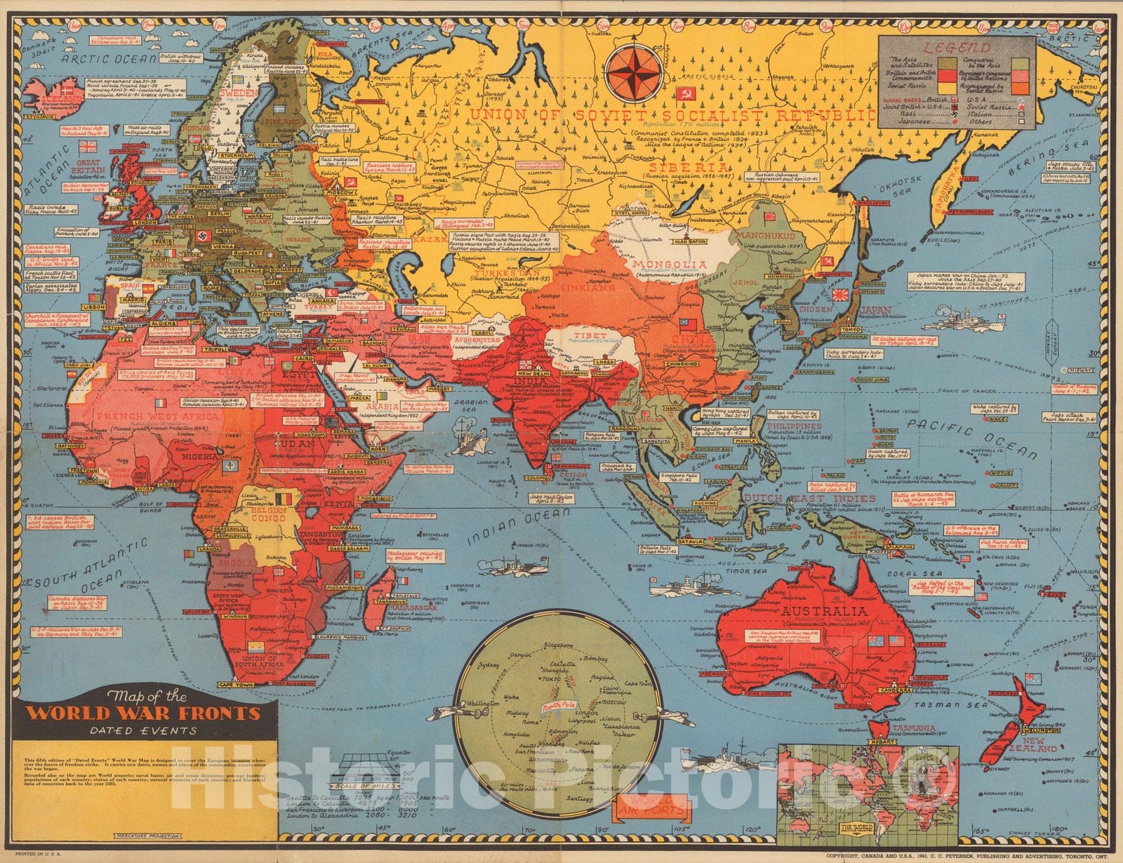 Historic Map : Map of the World War Fronts Dated Events. 5th Edition, 1943 - Vintage Wall Art