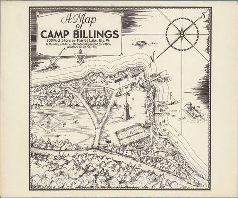 Historic Map : Camp Billing. 500 Ft. Shore on Fairlee Lake, Ely, Vt, 1950 - Vintage Wall Art