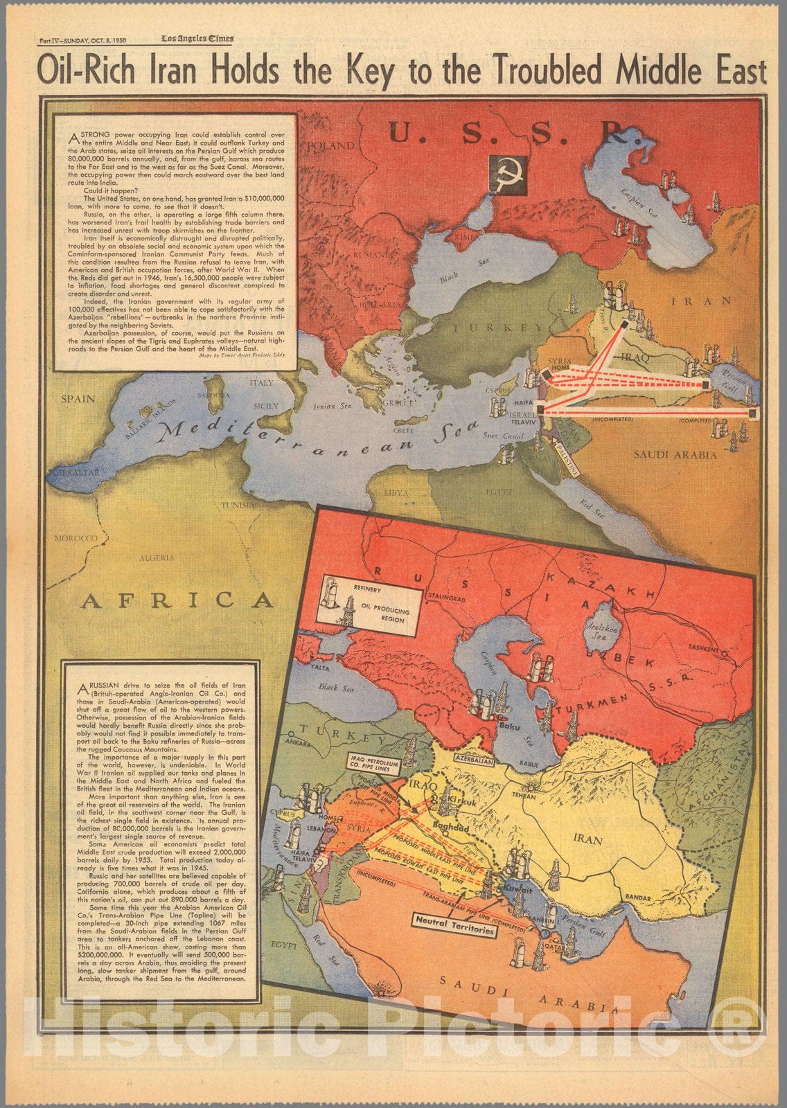 Historic Map : Oil-rich Iran holds the key to the troubled Middle East 1950 - Vintage Wall Art