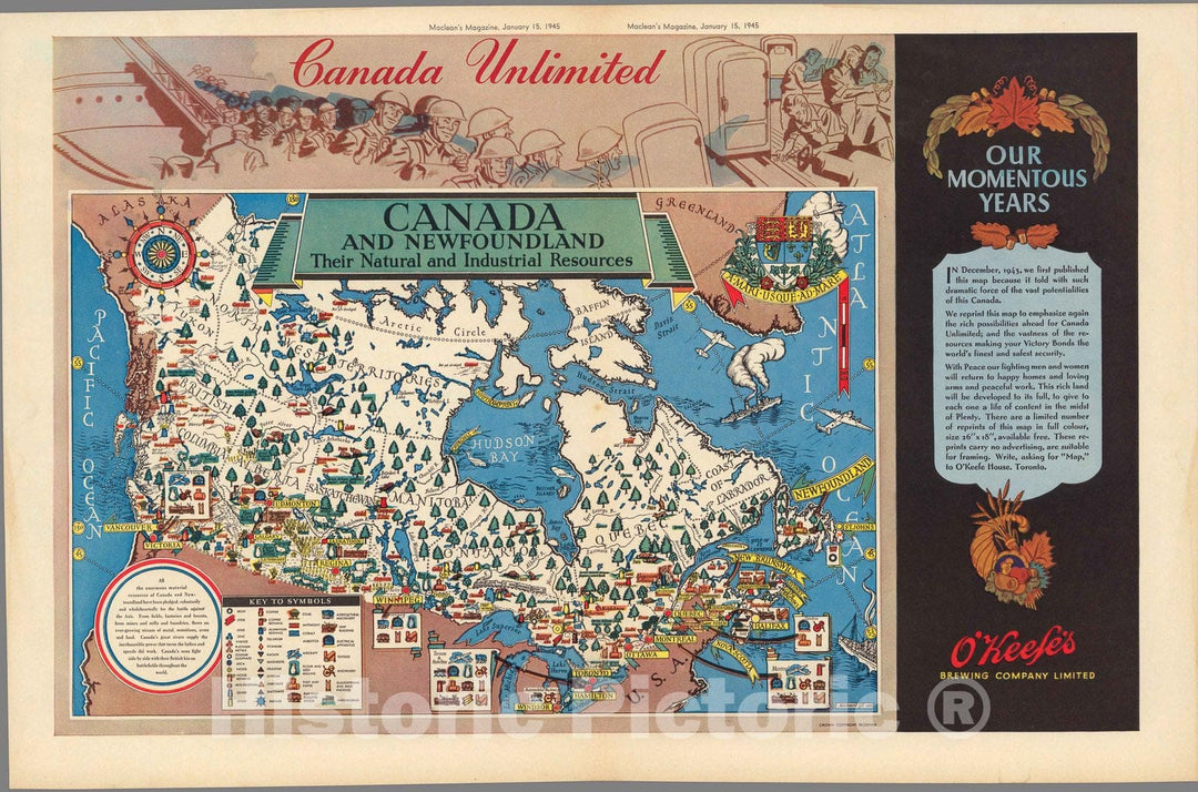 Historic Map : Canada and Newfoundland : Their natural and industrial resources, 1945, Vintage Wall Decor
