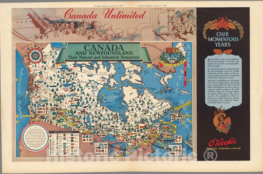 Historic Map : Canada and Newfoundland : Their natural and industrial resources, 1945, Vintage Wall Decor