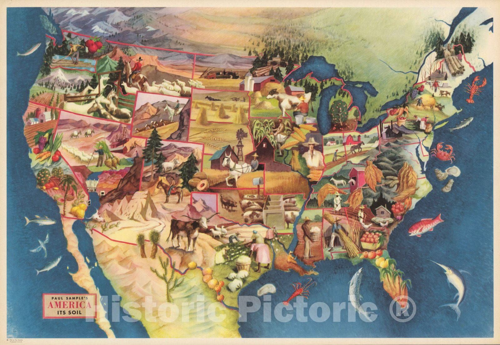 Historic Map : Paul Sample's America, its soil 1946 - Vintage Wall Art