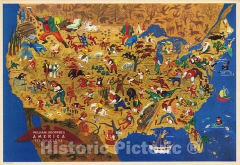 Historic Map : William Gropper's America, its folklore 1946 - Vintage Wall Art